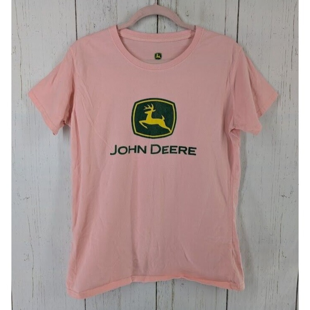 John Deere Size XL Pink Green Graphic Short Sleeve Cotton Womens Top